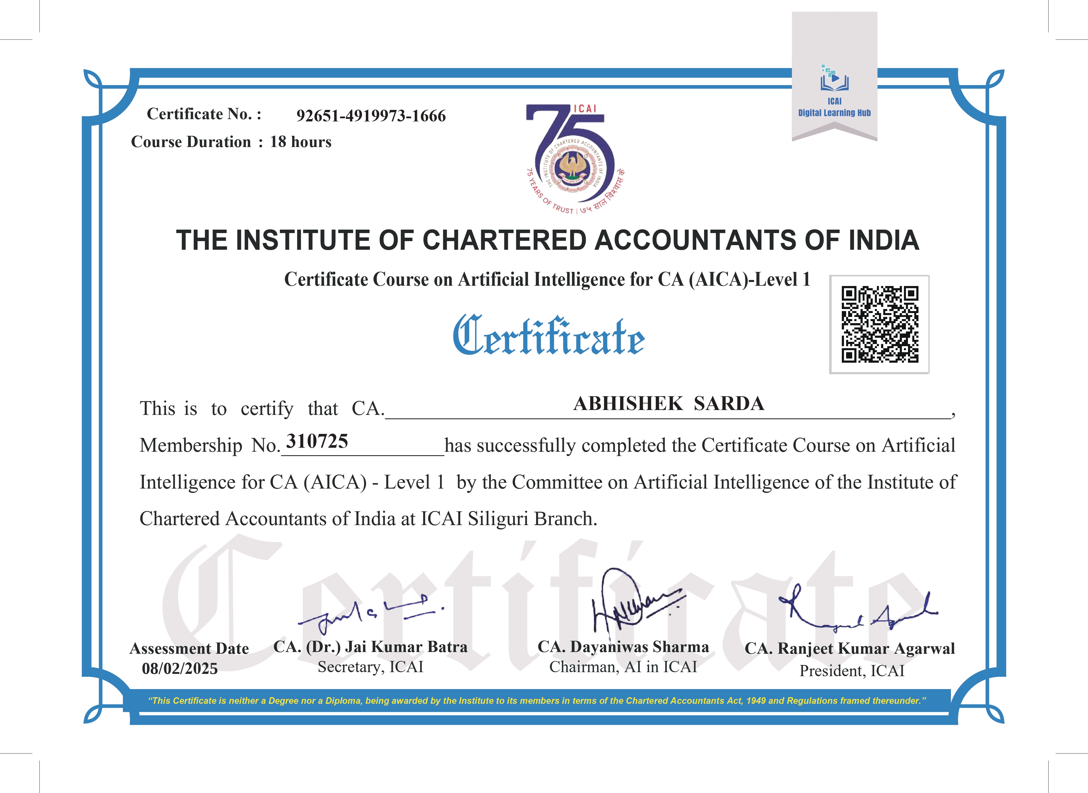 Abhishek Sarda Chartered Accountant Qualification Certificate