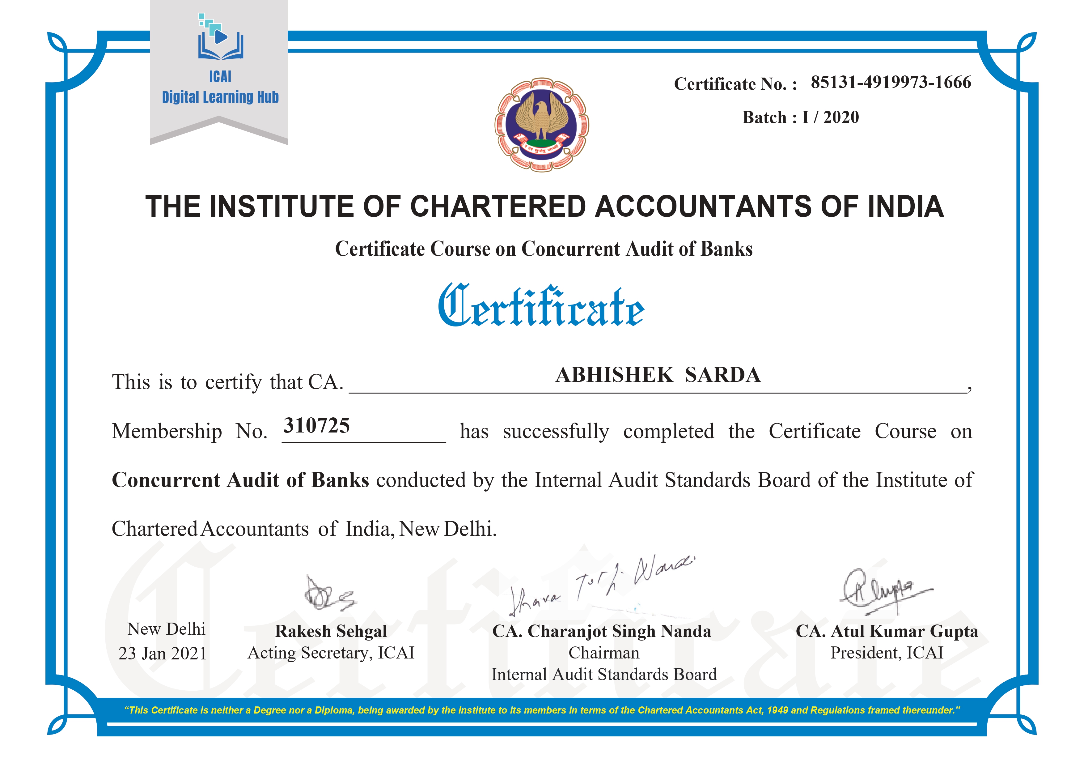 Certificate for Course on Concurrent Audit of Banks by ICAI